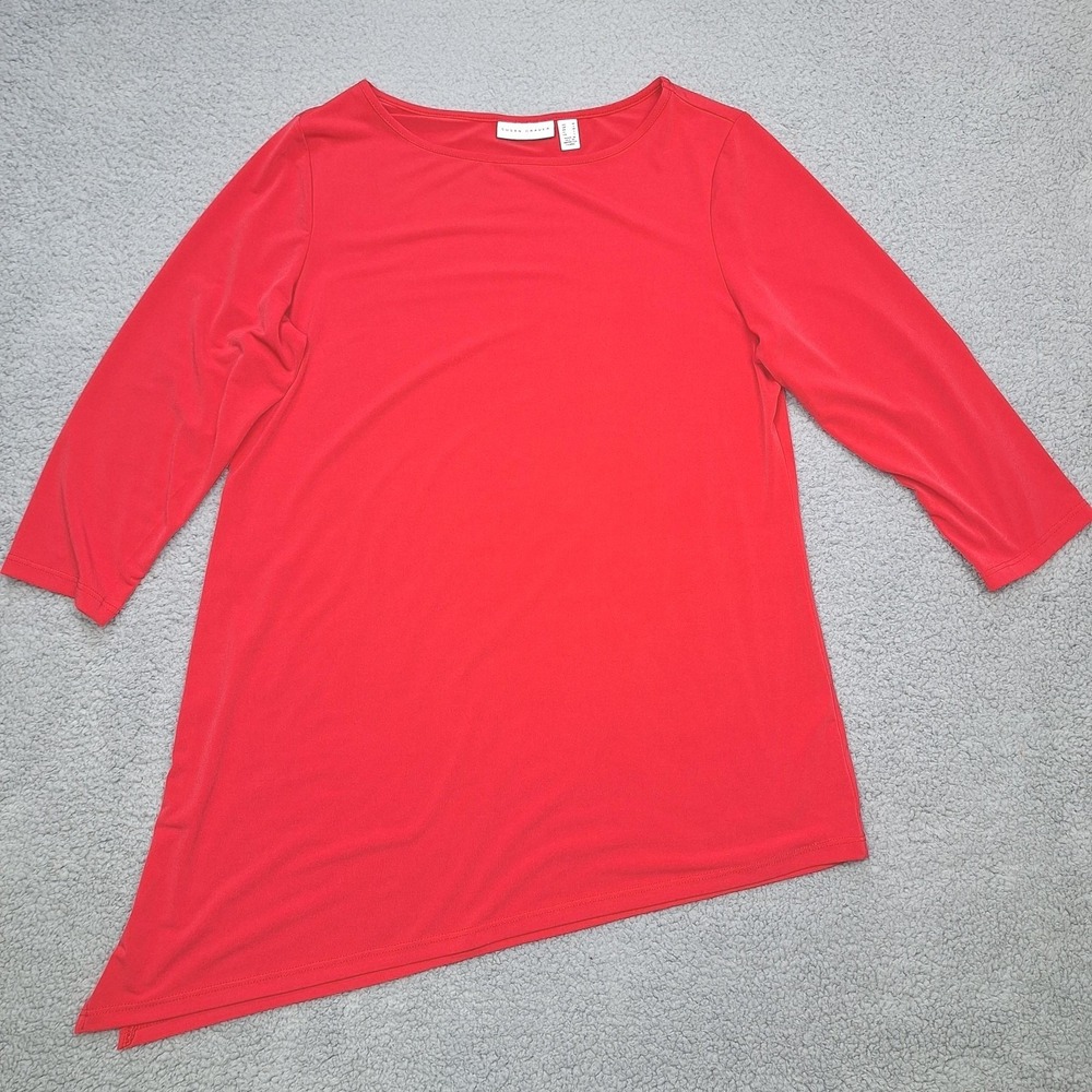 Susan Graver Top Womens Medium Red Asymmetrical Hem 3/4 Sleeve Tunic